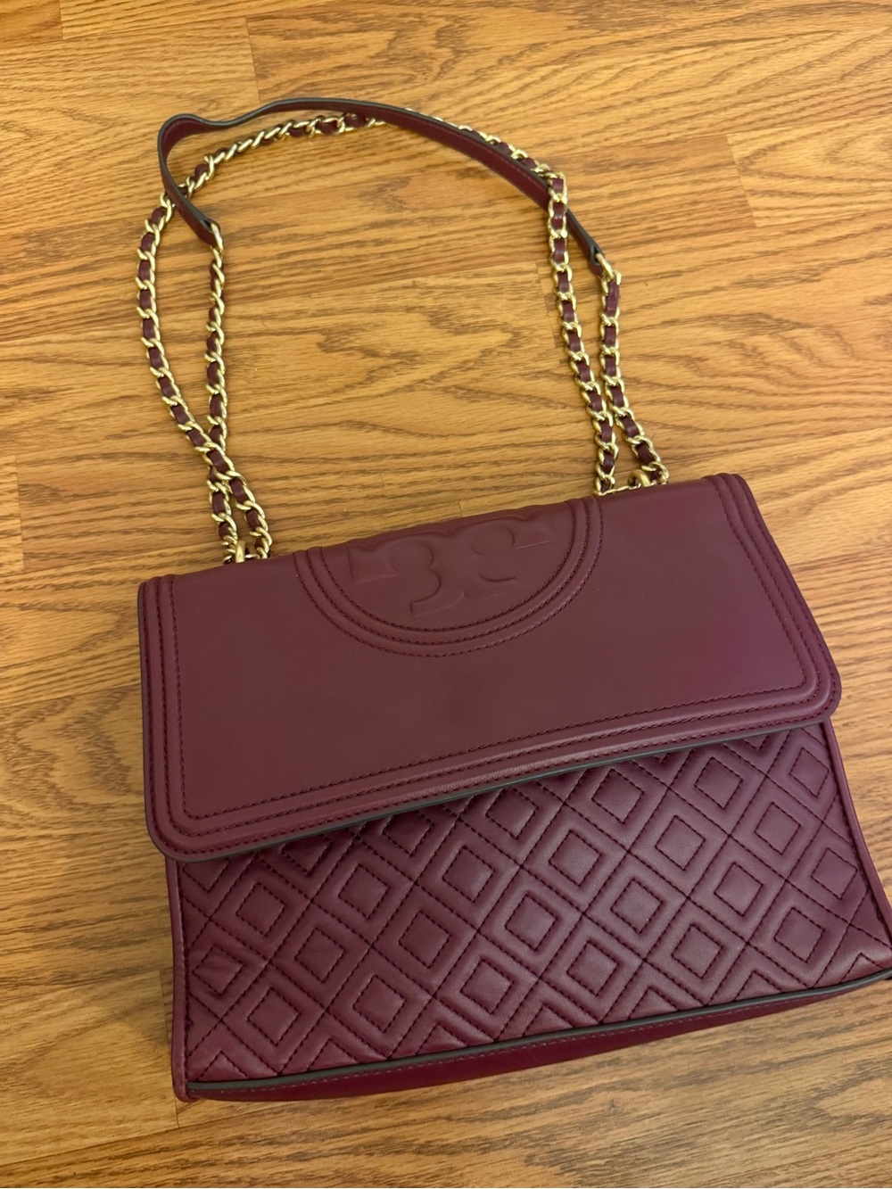 Tory Burch Quilted Shoulder Bag in Deep Wine with Gold Chain